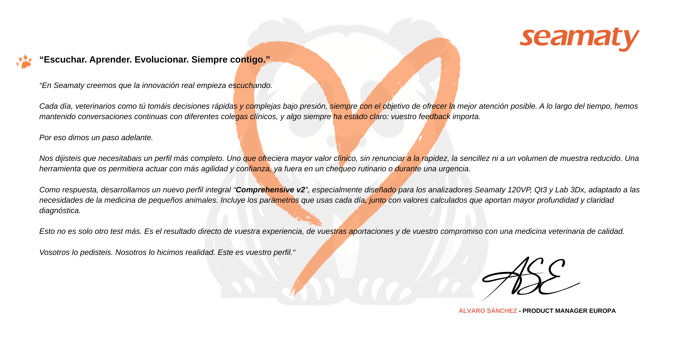 Carta de Seamaty al veterinario presentando el nuevo rotor bioquímico veterinario Comprehensive V2 para analizador POCT.
