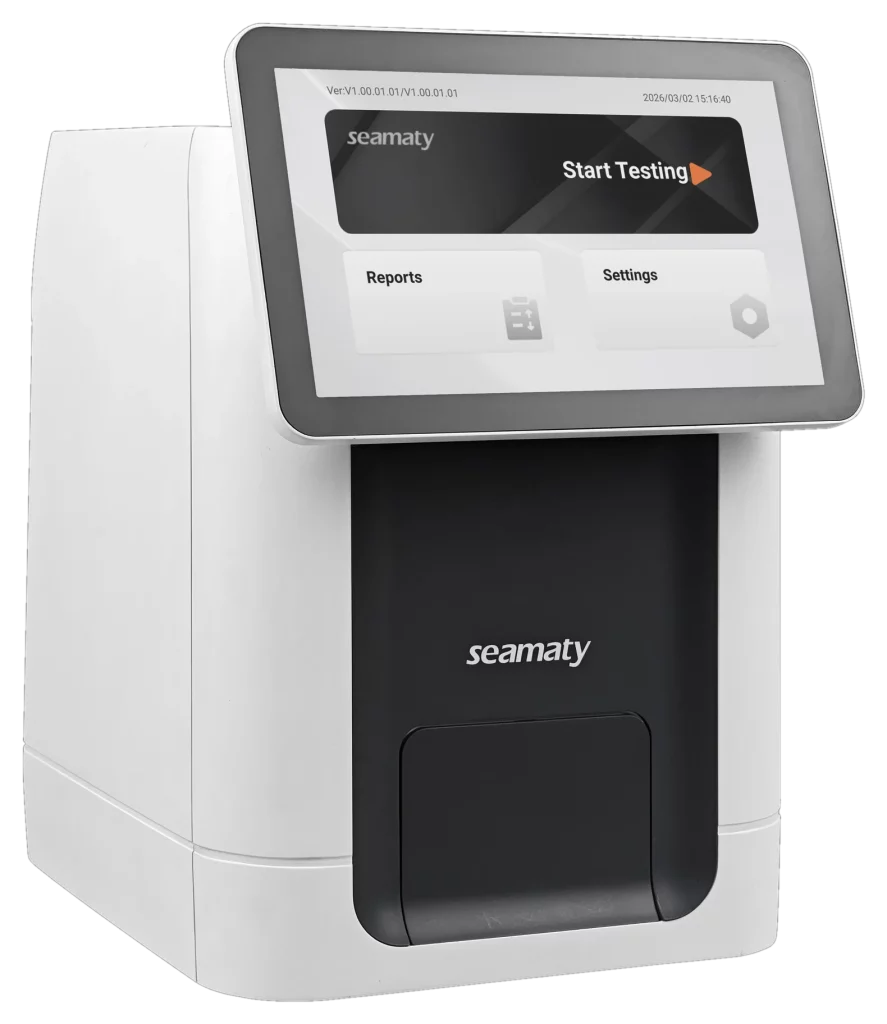 Microscopía digital del Seamaty VM2 – células sanguíneas clasificadas por IA Campo de microscopía digital del VM2 con células sanguíneas teñidas, clasificadas por inteligencia artificial