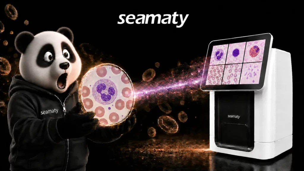 Panda de Seamaty observando células sanguíneas junto al analizador de morfología digital veterinaria VM2