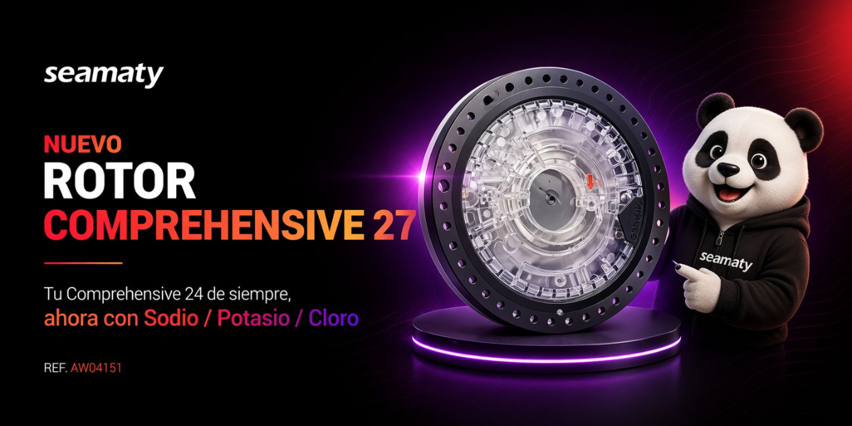 Rotor veterinario Seamaty 27 Comprehensive Test Plus con parámetros bioquímicos ampliados que incluyen sodio (Na+), potasio (K+) y cloruro (Cl-)