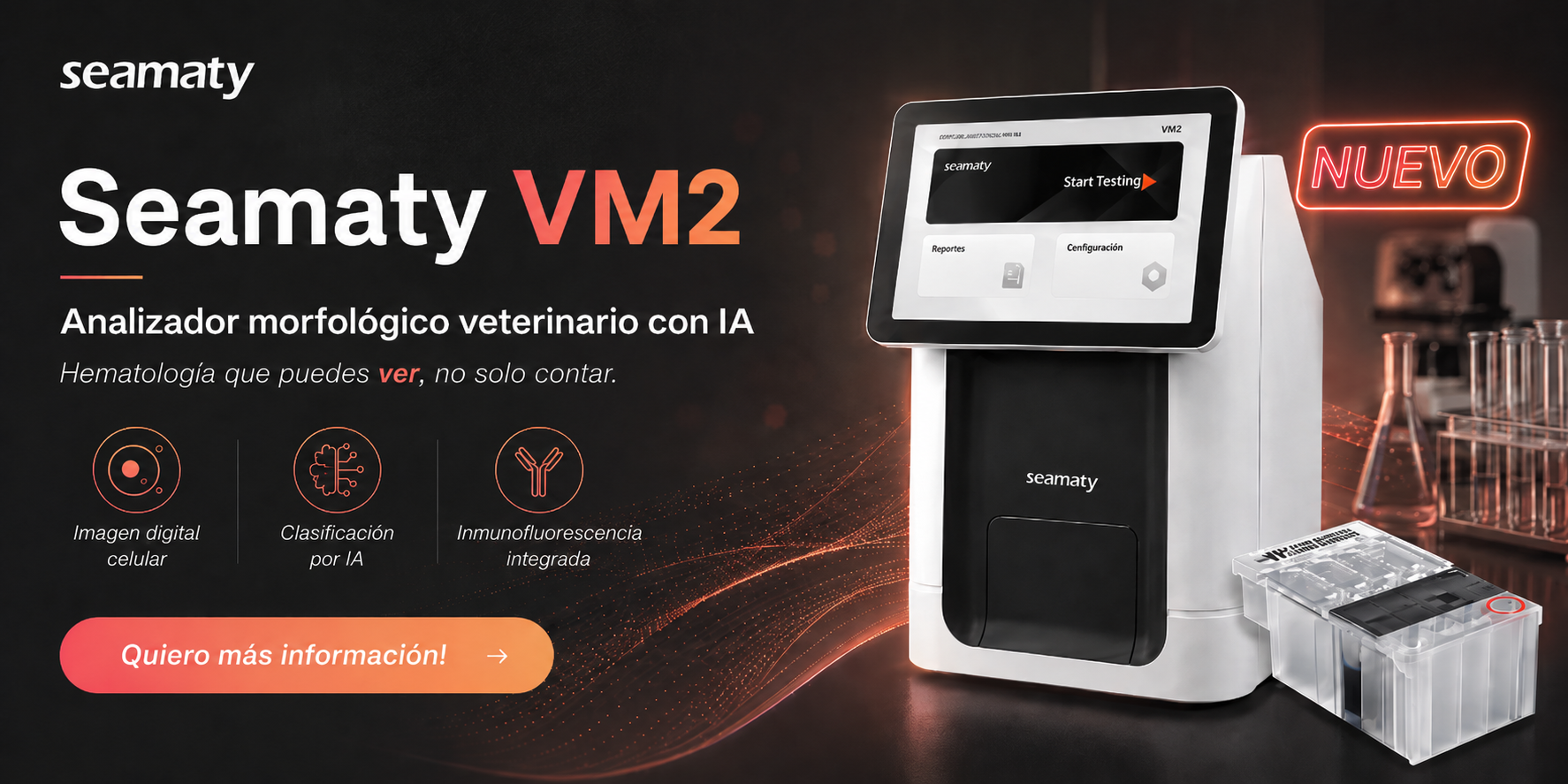 Banner del Seamaty VM2, analizador morfológico veterinario con inteligencia artificial para hematología, imagen digital celular e inmunofluorescencia integrada.