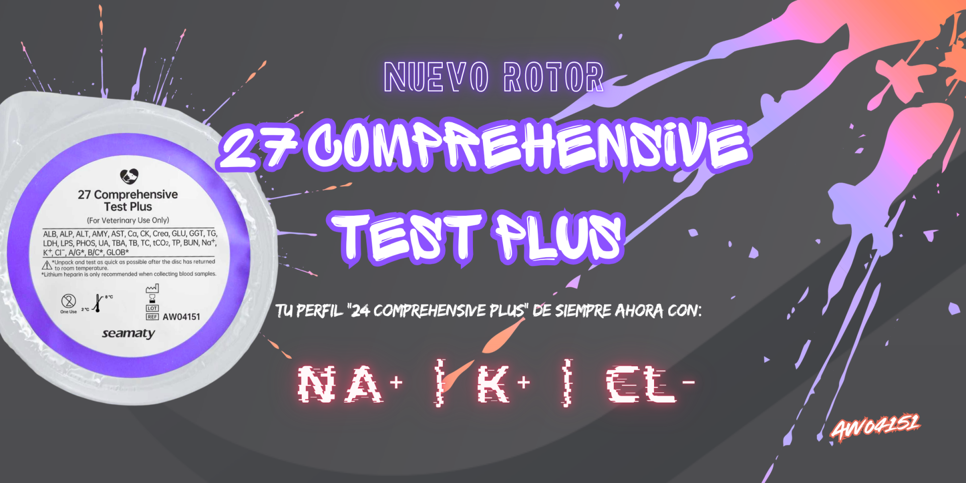 Rotor veterinario Seamaty 27 Comprehensive Test Plus con parámetros bioquímicos ampliados que incluyen sodio (Na+), potasio (K+) y cloruro (Cl-)